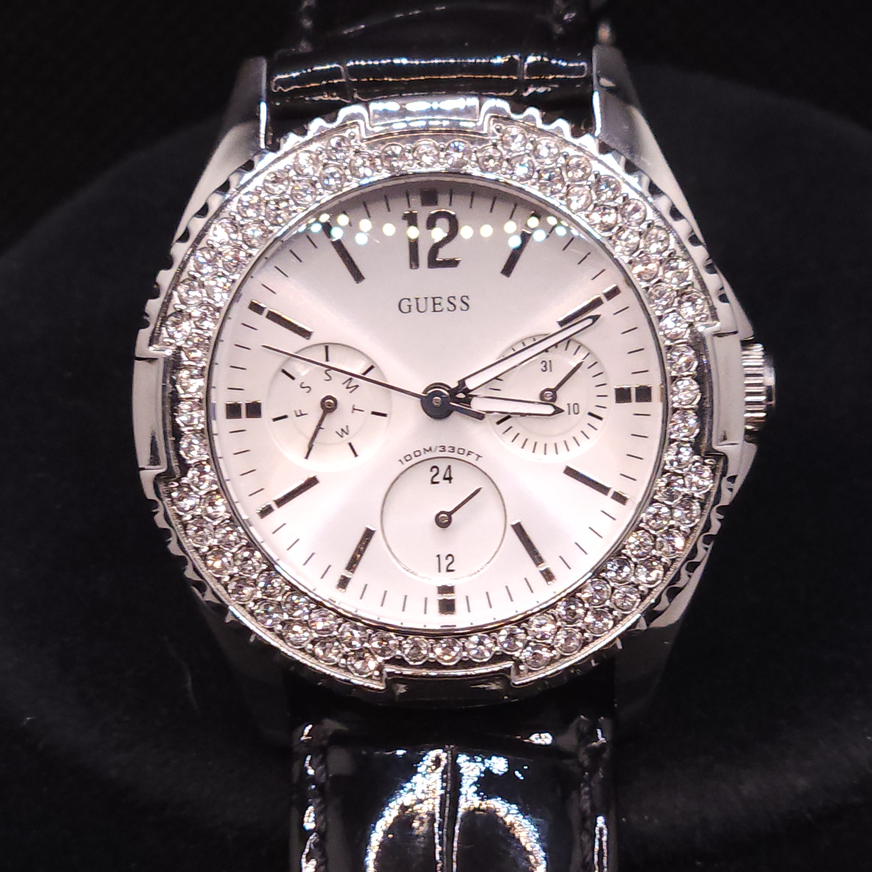 Guess Silver Watch With Black Leather Strap